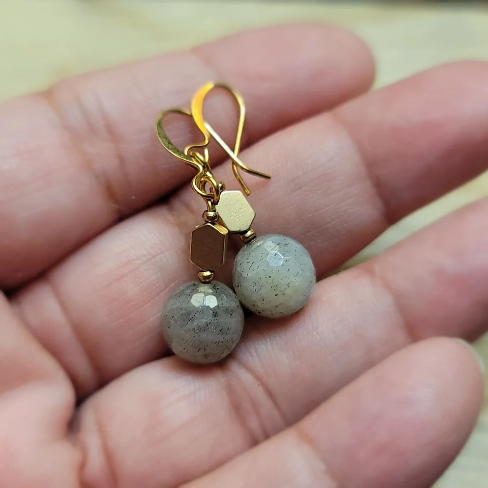 Handmade Labradorite Faceted Bead Dangle Earrings Gold Tone Hooks ~ 1.25